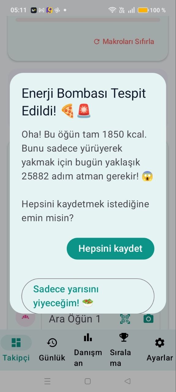 1.000+ kcal Kalori Alarmı ve Adım Pusulası Ekranı